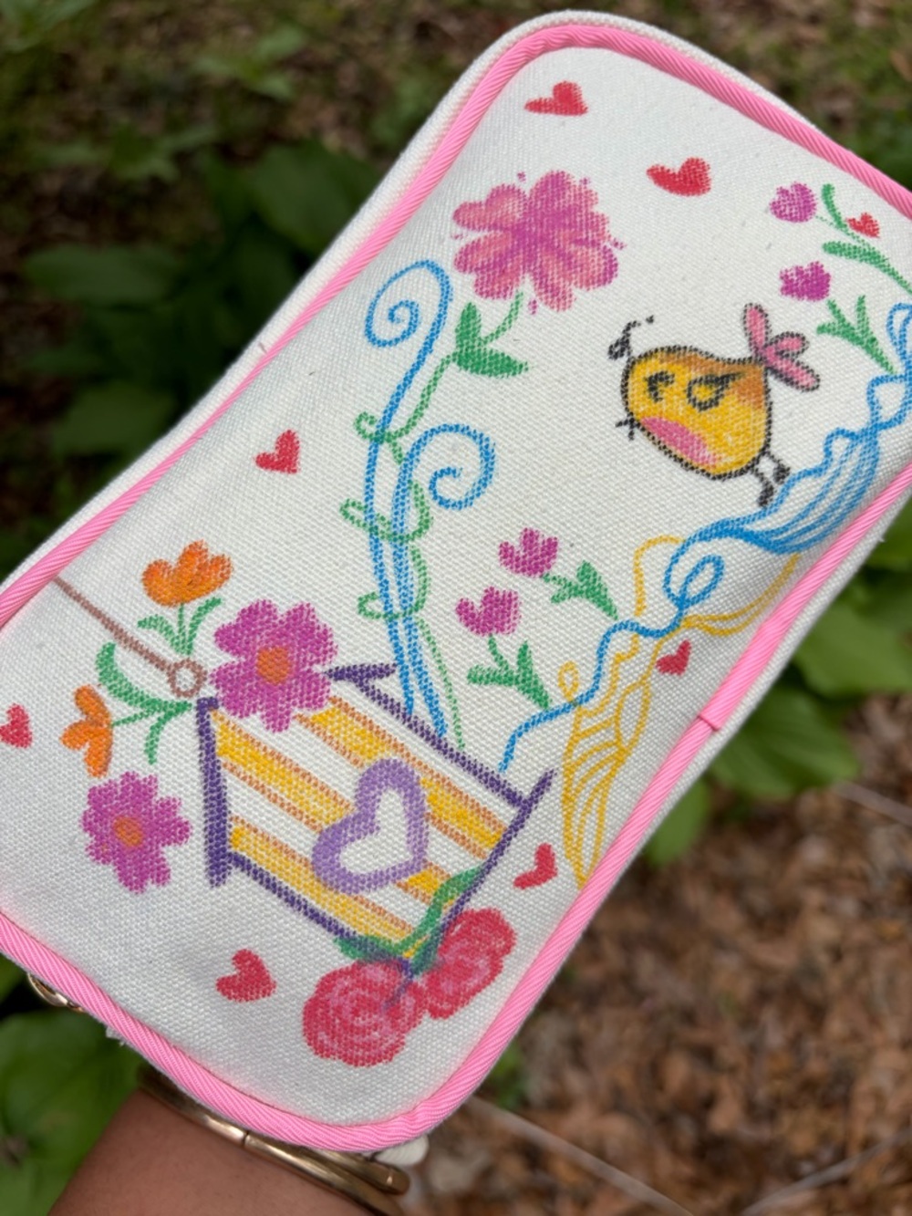 My original Hand-Painted Floral & Bird Canvas Pouch